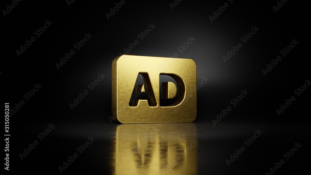 Poster gold metal symbol of audio description 3d rendering with blurry reflection on floor with dark backgr