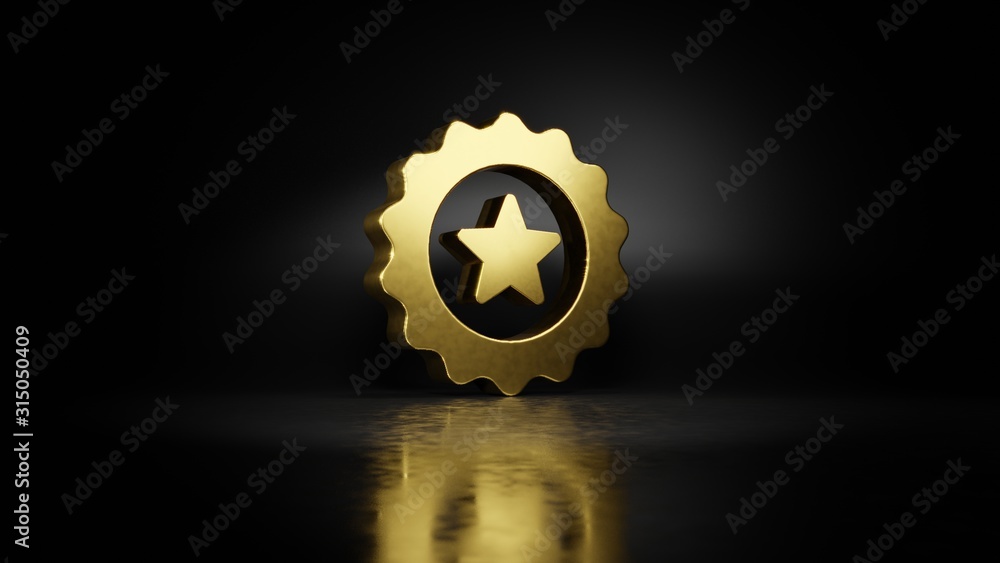 Poster gold metal symbol of badge 3d rendering with blurry reflection on floor with dark background