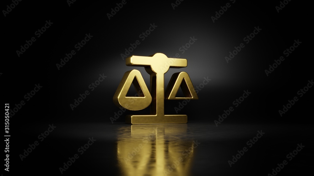 Poster gold metal symbol of balance scale 3d rendering with blurry reflection on floor with dark background