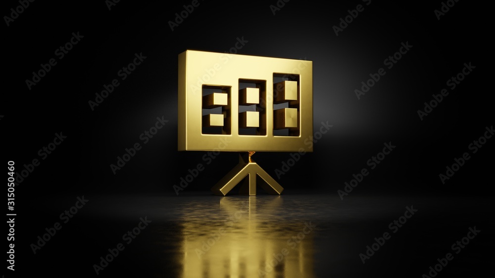 Poster gold metal symbol of bar chart 3d rendering with blurry reflection on floor with dark background