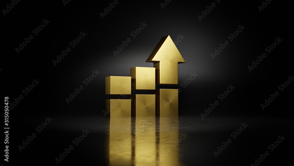 Aufkleber gold metal symbol of bar chart 3d rendering with blurry reflection on floor with dark background