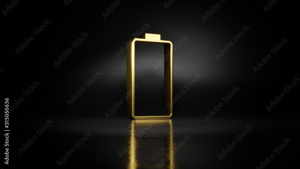 Poster gold metal vertical symbol of empty battery 3d rendering with blurry reflection on floor with dark b