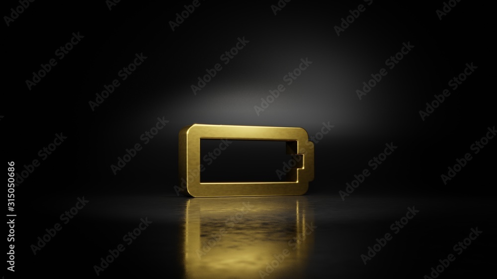 Poster gold metal horizontal symbol of battery empty 3d rendering with blurry reflection on floor with dark