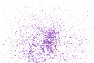 Colorful purple sand, crystals isolated on white background, top view