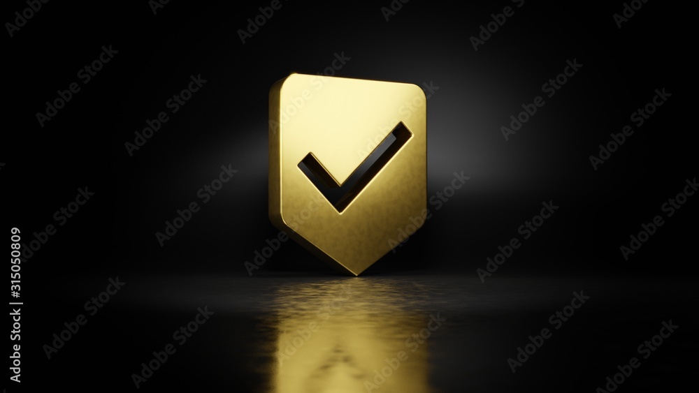 Poster gold metal symbol of been here marker 3d rendering with blurry reflection on floor with dark backgro