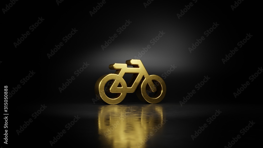 Poster gold metal symbol of bicycle without rider 3d rendering with blurry reflection on floor with dark ba