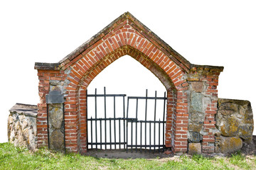 Cemetery gate made of red bricks isolated on white background, 3D illustration