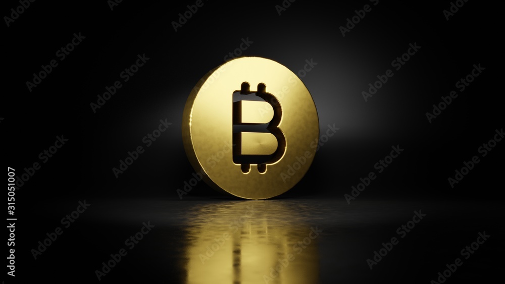 Poster gold metal symbol of bitcoin coin 3d rendering with blurry reflection on floor with dark background