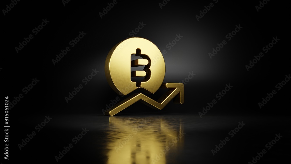 Poster gold metal symbol of bitcoin trend 3D rendering with blurry reflection on floor with dark background