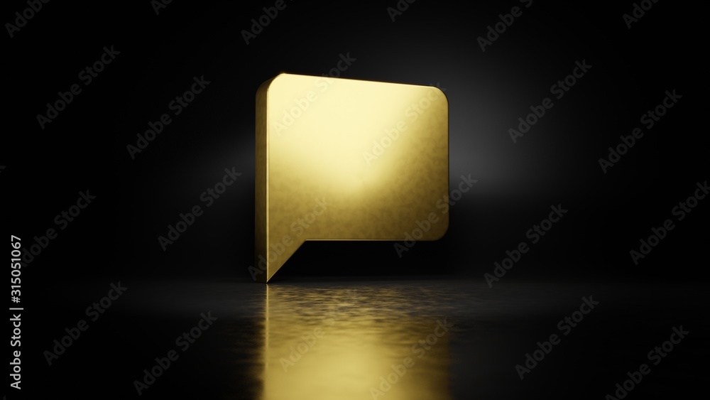 Poster gold metal symbol of black bubble speech 3d rendering with blurry reflection on floor with dark back