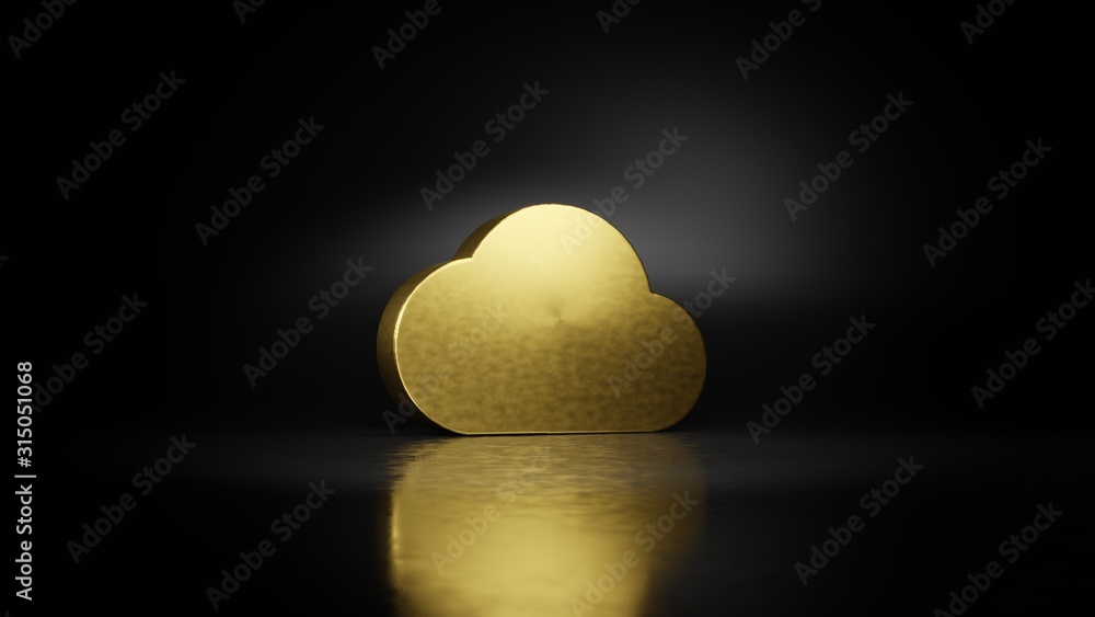 Poster gold metal symbol of cloud 3d rendering with blurry reflection on floor with dark background