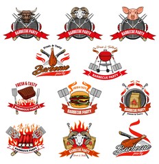 Barbecue party and picnic meat vector icons. BBQ grill and charcoal fire flame, knife and fork for cheeseburger, beefsteak and kebab skewers, cow, pork pig and mutton ribs and sheep head symbols - obrazy, fototapety, plakaty