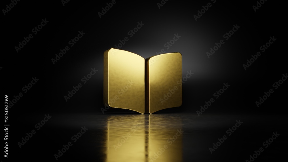 Poster gold metal symbol of book open 3d rendering with blurry reflection on floor with dark background