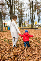 Mother with child walking in autumn park