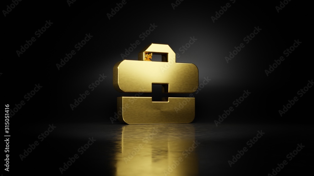 Poster gold metal symbol of briefcase 3d rendering with blurry reflection on floor with dark background