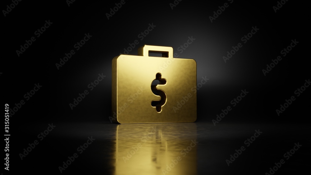 Poster gold metal symbol of briefcase with money 3d rendering with blurry reflection on floor with dark bac