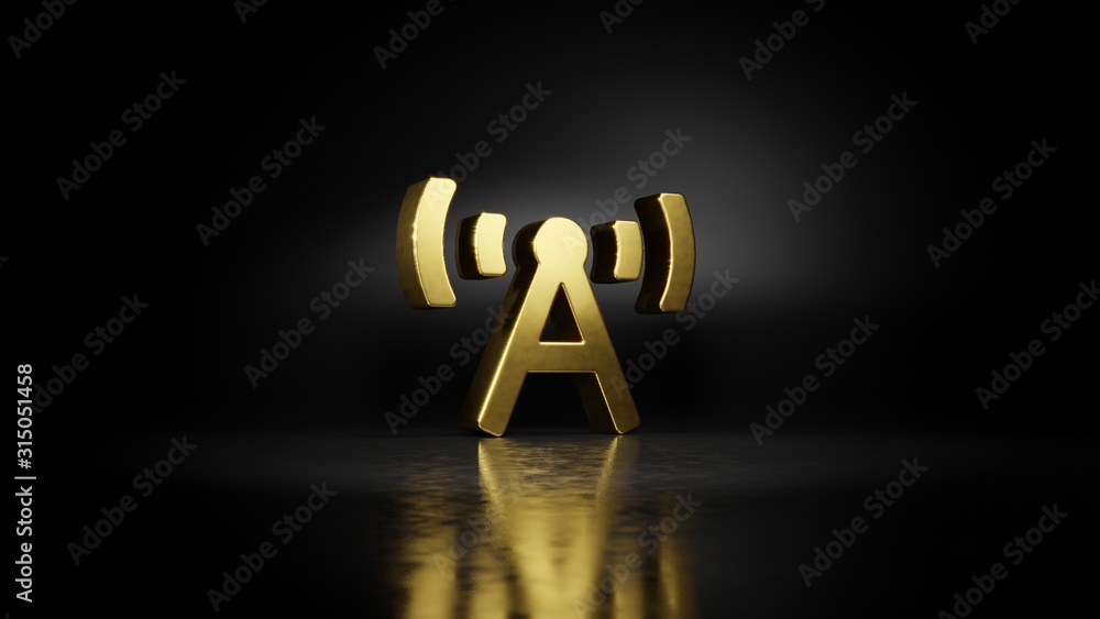 Poster gold metal symbol of broadcast tower 3d rendering with blurry reflection on floor with dark backgrou