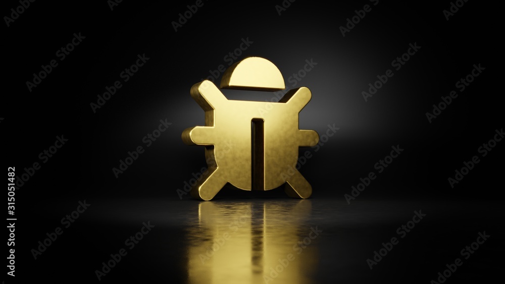 Aufkleber gold metal symbol of bug 3d rendering with blurry reflection on floor with dark background