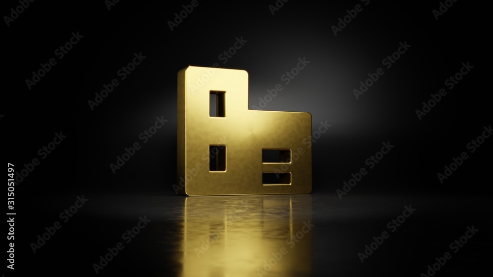 Poster gold metal symbol of building 3d rendering with blurry reflection on floor with dark background