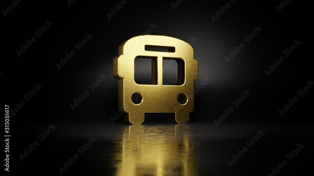 Poster gold metal symbol of bus 3d rendering with blurry reflection on floor with dark background