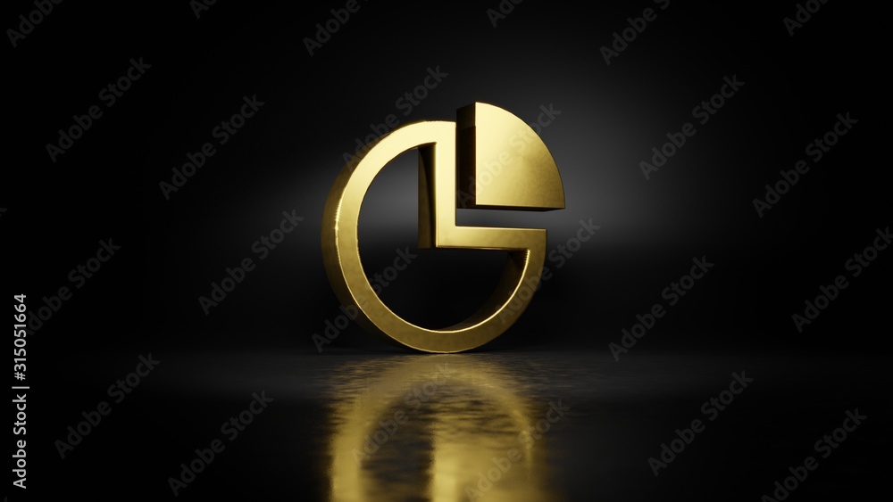 Aufkleber gold metal symbol of pie chart 3d rendering with blurry reflection on floor with dark background