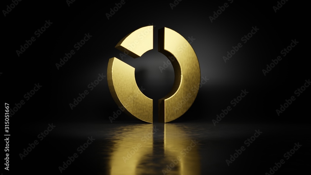 Poster gold metal symbol of pie chart 3d rendering with blurry reflection on floor with dark background