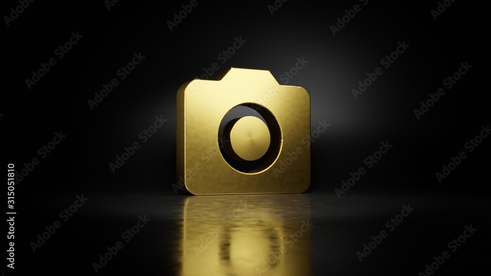 Poster gold metal symbol of camera 3d rendering with blurry reflection on floor with dark background
