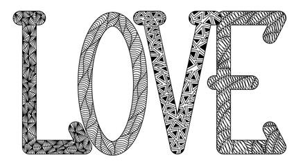 love in the style of zenart, l, o, v, e, black and white drawing, doodle, zentangle, tangle, letters with patterns, for print