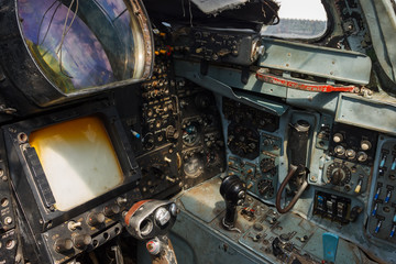 Lutsk, Ukraine - August 11, 2019: Interior details of the cabin of the Soviet jet bomber. Pilot seat view