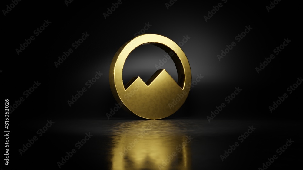 Poster gold metal symbol of circle mountain 3d rendering with blurry reflection on floor with dark backgrou