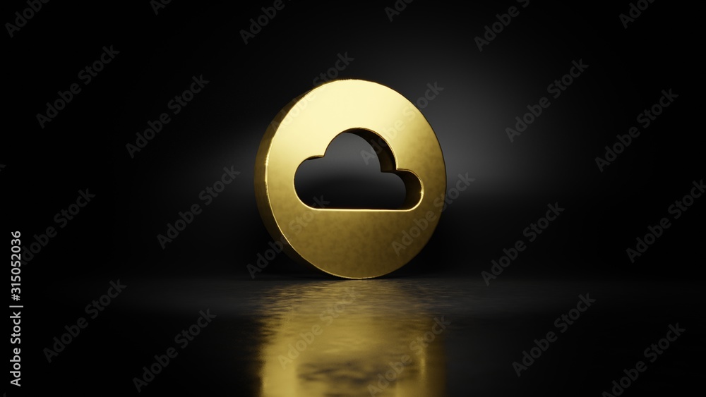Poster gold metal symbol of circle with cloud 3d rendering with blurry reflection on floor with dark backgr