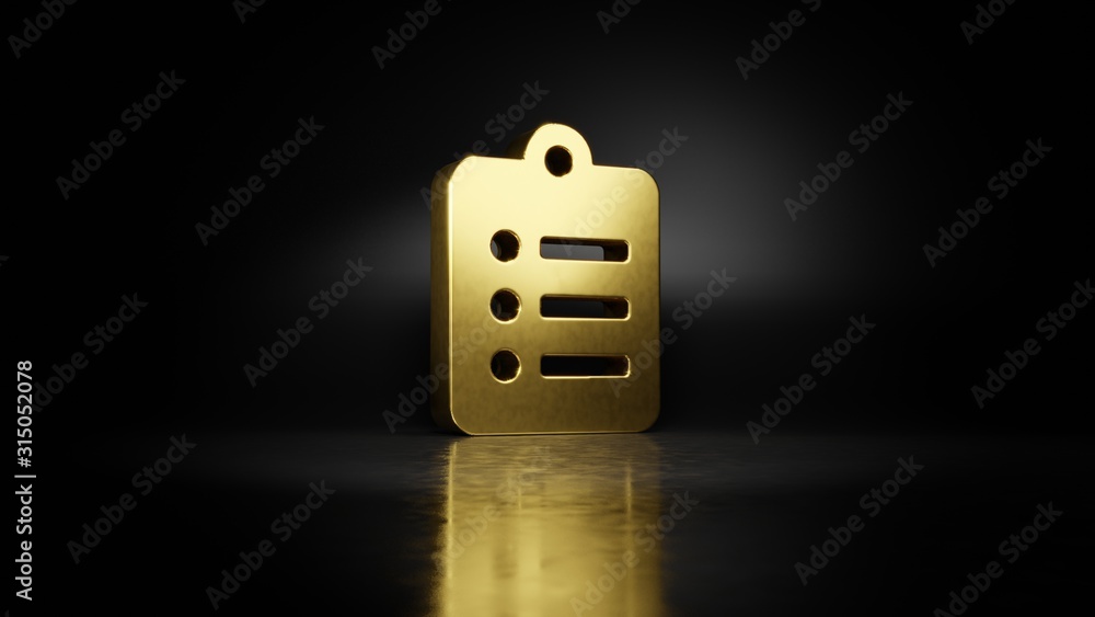 Poster gold metal symbol of clipboard list 3d rendering with blurry reflection on floor with dark backgroun