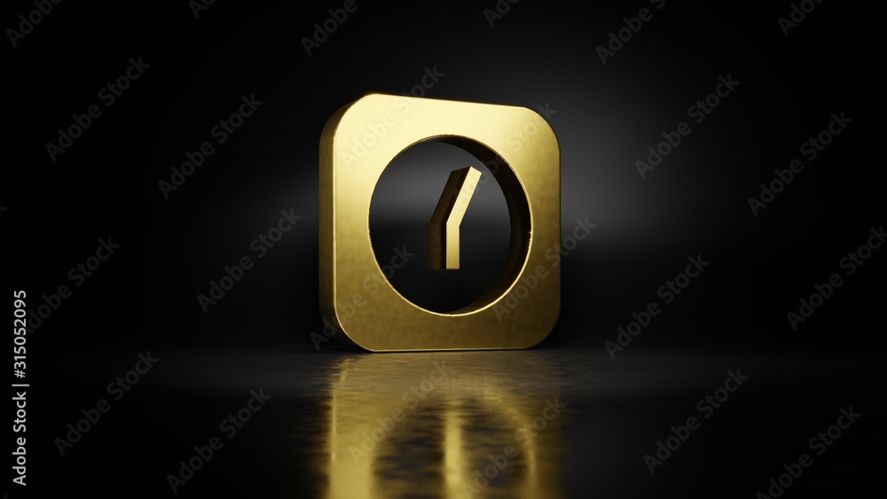 Poster gold metal symbol of alarm clock 3d rendering with blurry reflection on floor with dark background