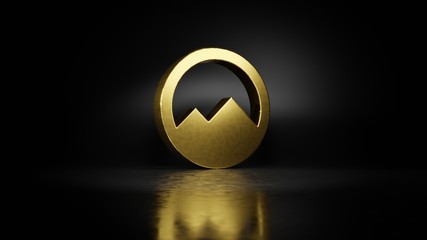 gold metal symbol of circle mountain 3D rendering with blurry reflection on floor with dark background