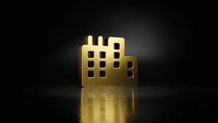 gold metal symbol of city 3D rendering with blurry reflection on floor with dark background