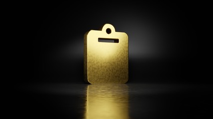 gold metal symbol of clipboard 3D rendering with blurry reflection on floor with dark background