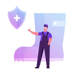 Safety of Workers Life and Health on Industry Manufacture, Hse. Man Contractor in Worker Overalls Showing Thumb Up Standing at Huge Rubber Boot, Shield with Cross Icon Cartoon Flat Vector Illustration
