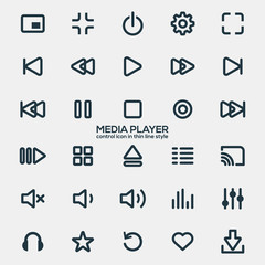 Media player icons in thin line style