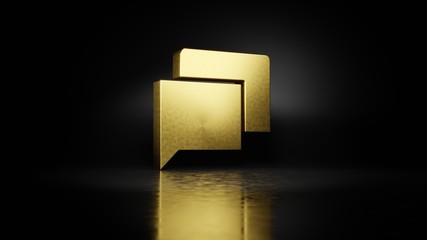 gold metal symbol of rectangular chat bubbles 3D rendering with blurry reflection on floor with dark background