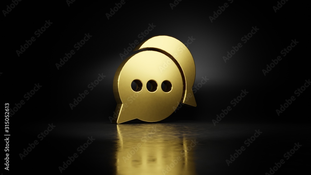 Poster gold metal symbol of two rounded chat bubbles 3d rendering with blurry reflection on floor with dark