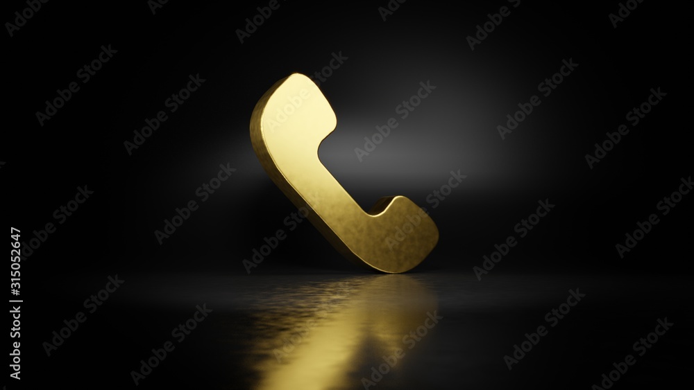 Poster gold metal symbol of communication phone 3d rendering with blurry reflection on floor with dark back