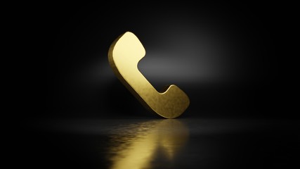 Naklejka premium gold metal symbol of communication phone 3D rendering with blurry reflection on floor with dark background