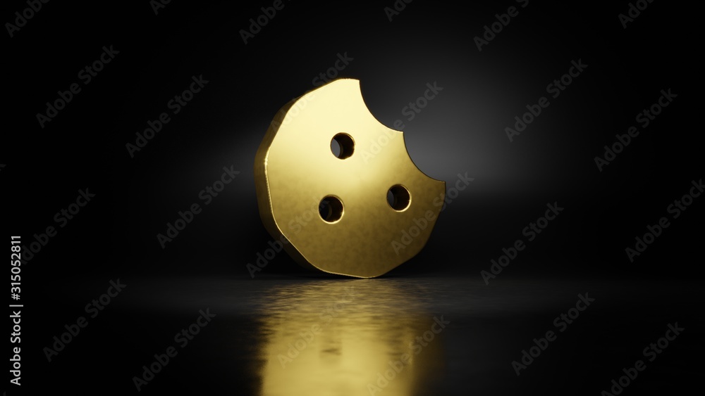 Poster gold metal symbol of cookie bite 3d rendering with blurry reflection on floor with dark background