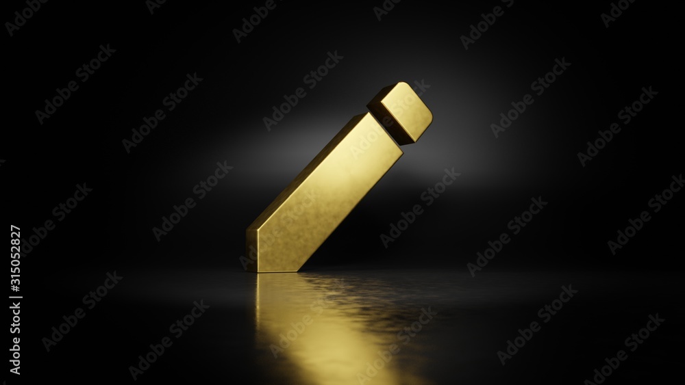 Poster gold metal symbol of create new pencil button 3d rendering with blurry reflection on floor with dark