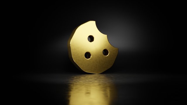 Gold Metal Symbol Of Cookie Bite 3D Rendering With Blurry Reflection On Floor With Dark Background