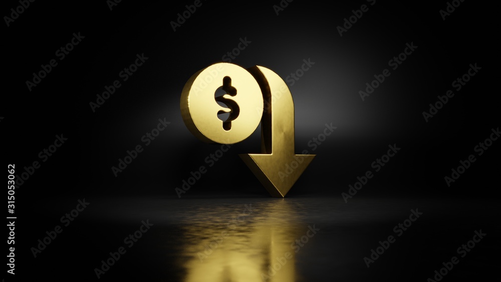 Poster gold metal symbol of devaluation 3d rendering with blurry reflection on floor with dark background