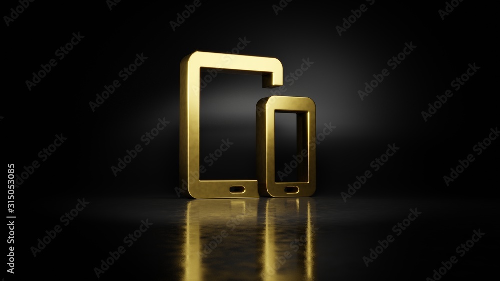 Poster gold metal symbol of devices 3d rendering with blurry reflection on floor with dark background