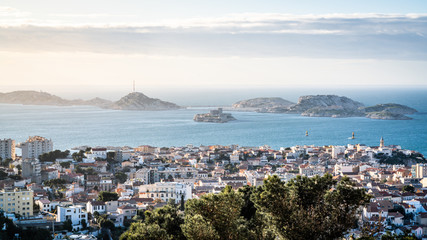 Scenic view of Iles du Frioul or Frioul islands archipelago and Chateau d'If castle in Marseille...