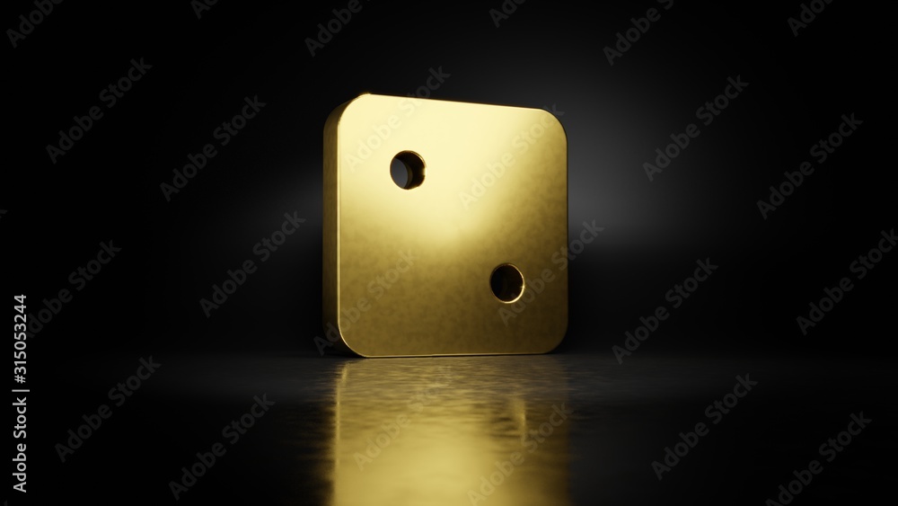 Poster gold metal symbol of dice two 3d rendering with blurry reflection on floor with dark background