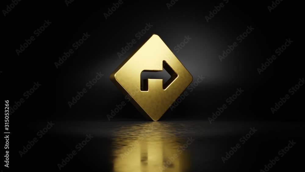 Poster gold metal symbol of directions 3d rendering with blurry reflection on floor with dark background